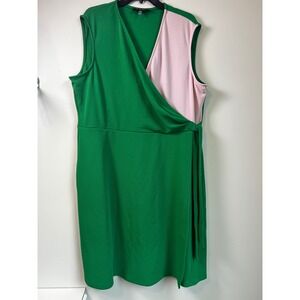 Kasper Dress Womens XXL Green Pink Colorblock Sleeveless Wrap Midi NWT